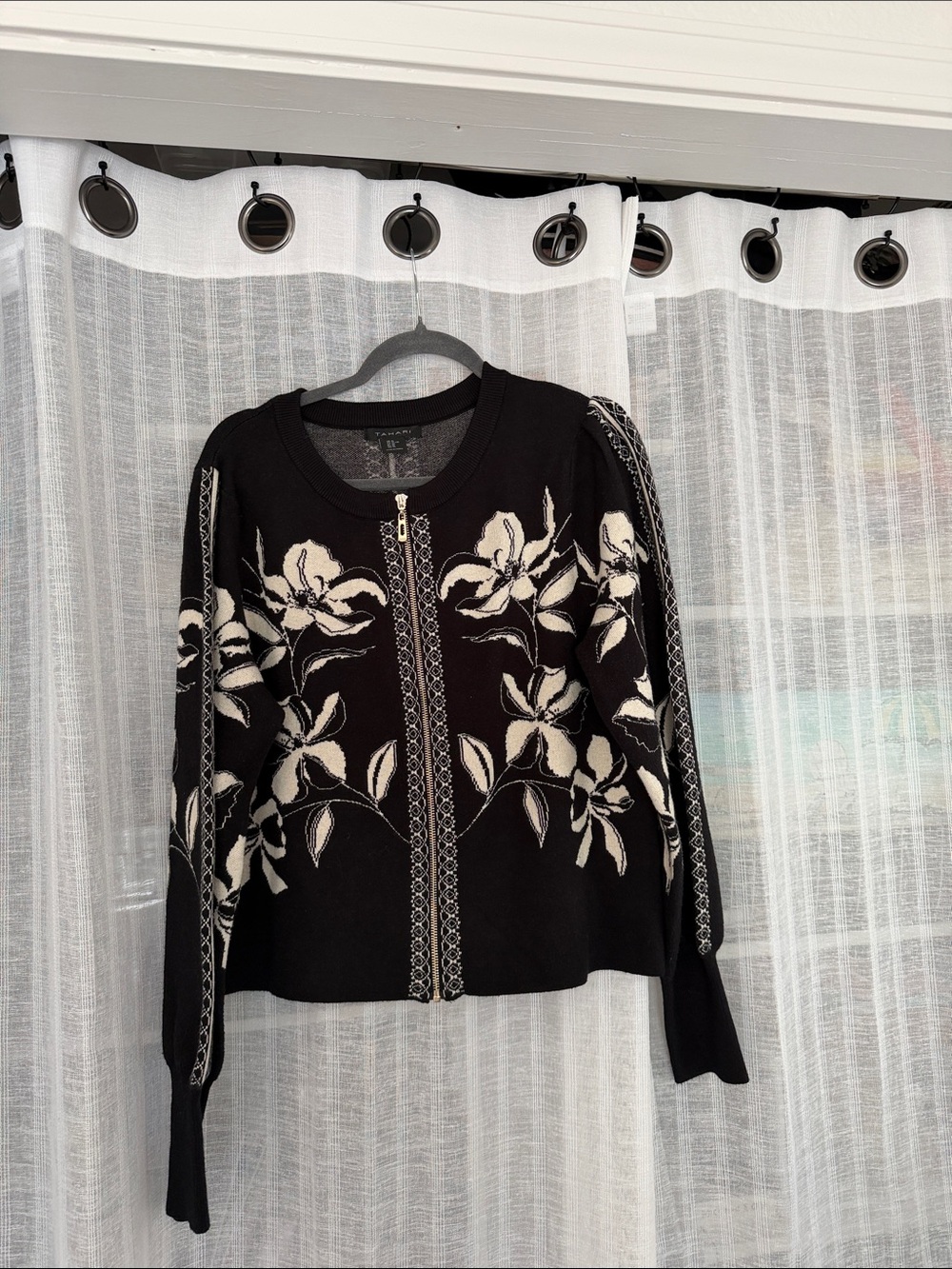 T Tahari Black and Cream Floral Zip Front Sweater